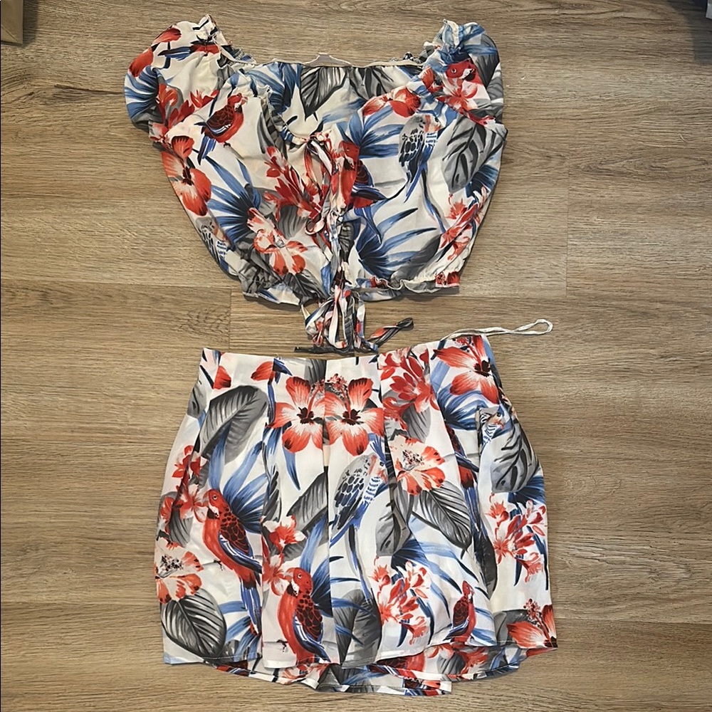 Red and Blue Abstract Floral Two-Piece Set